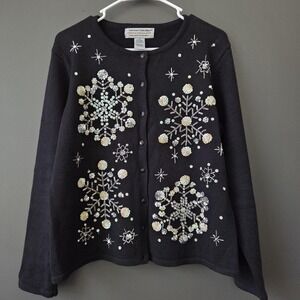 Heirloom Collectibles Women's Cardigan Sweater 2004 Size M Black Snowflake Xmas
